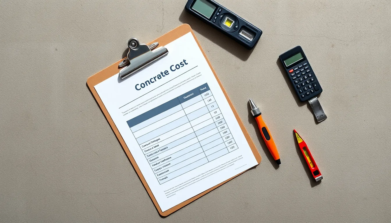 Concrete repair cost worksheet and level tool on a slab