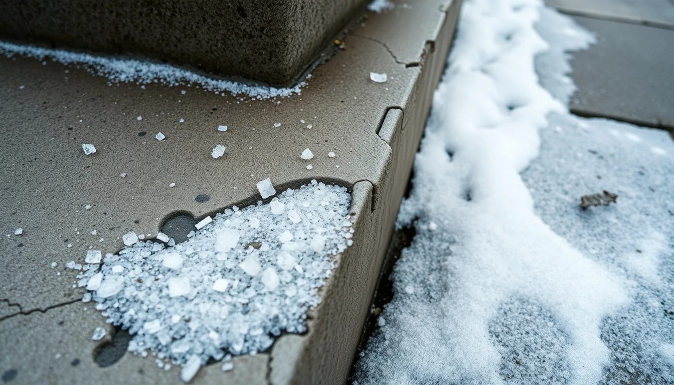 Close-up of de-icing salt residue and pitted scaling damage on a Colorado concrete sidewalk edge