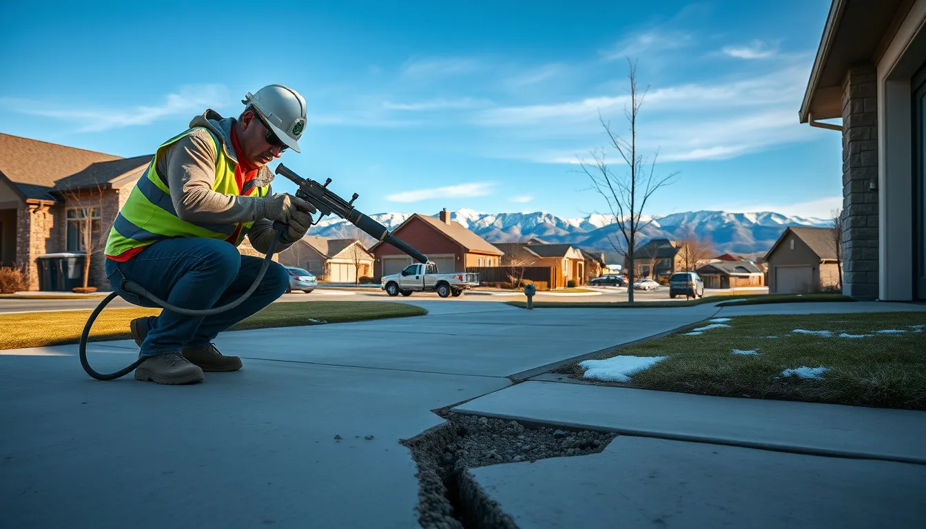 Technician injecting polyurethane foam under a cracked concrete driveway slab in a Colorado suburb with mountains in the background