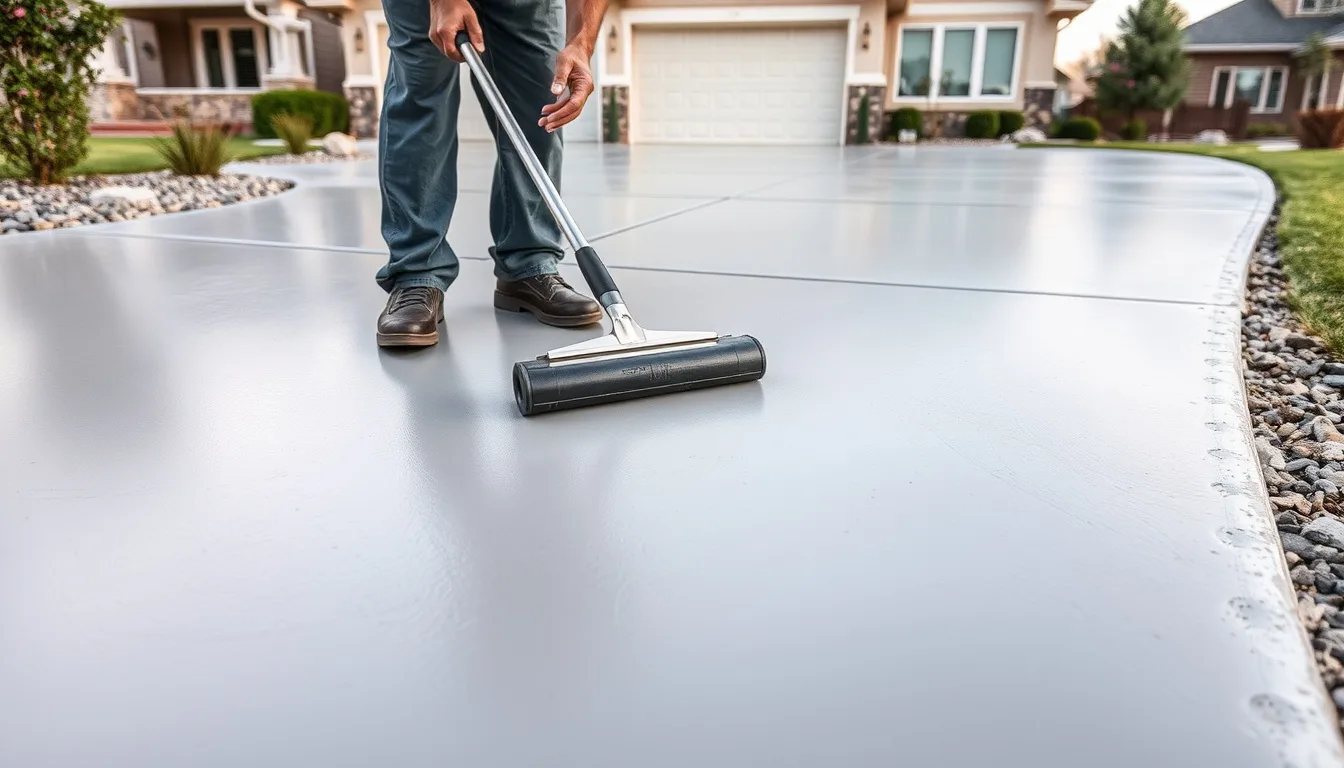 Technician applying a fresh concrete resurfacing overlay across a driveway slab in Colorado
